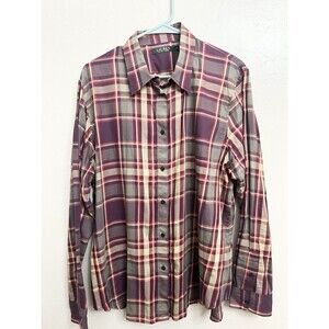Lauren Ralph Lauren Blouse Size XL Muted Purple, Tan & Red Plaid, Cotton, EUC